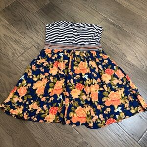 Casual & Chic Xhilaration Strapless Bandeau Floral and Striped Mini Dress Y2K